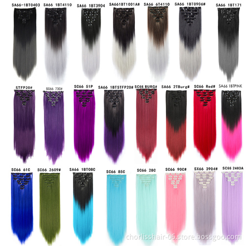 Wholesale 22inch Cheap Blue Ombre Long Silky Straight 7Pcs 16 Clips Heat Resistant Synthetic Clip In Hair Extension For Women